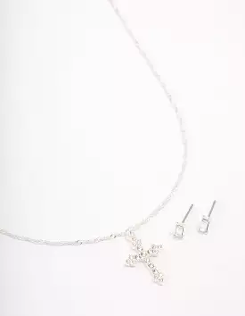 Silver Plated Diamante Cross Pendant Necklace & Stud Earring Set