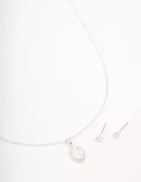 Silver Plated Diamante Signature Coin Necklace & Earring Set