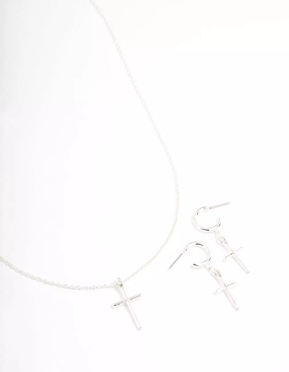 Silver Plated Sleek Cross Necklace & Earring Jewellery Set