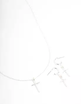 Silver Plated Sleek Cross Necklace & Earring Jewellery Set