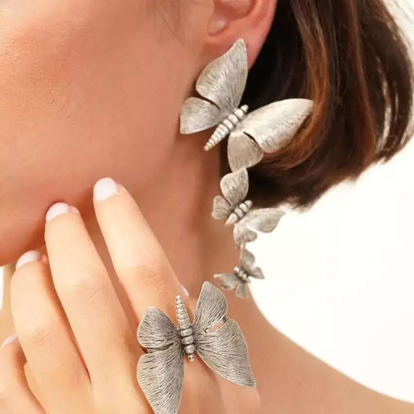 Triple Butterfly Earring Ring Silver Artisan Set