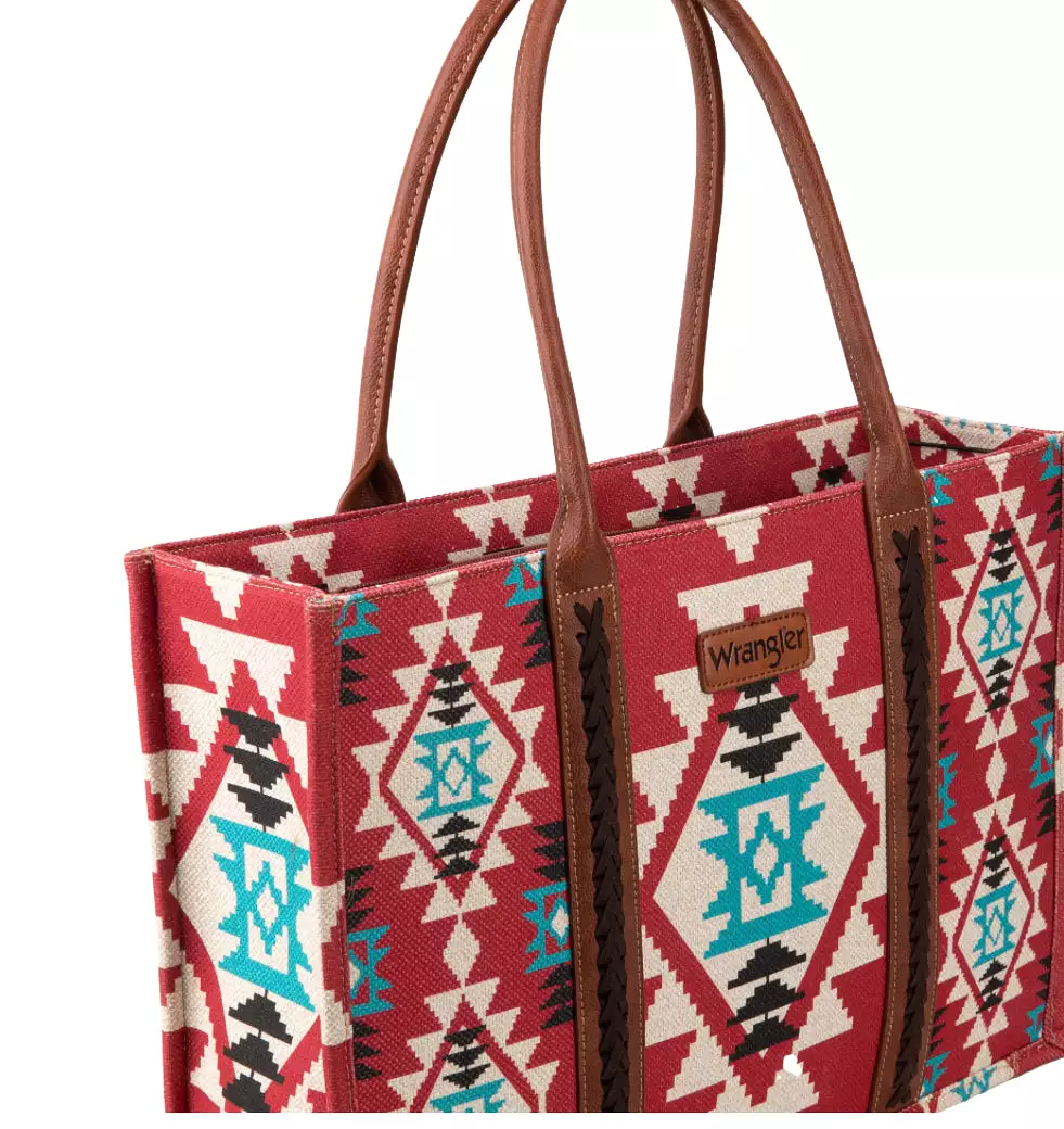 Wrangler Southwestern Pattern Dual Sided Print Canvas Wide Tote Burgandy