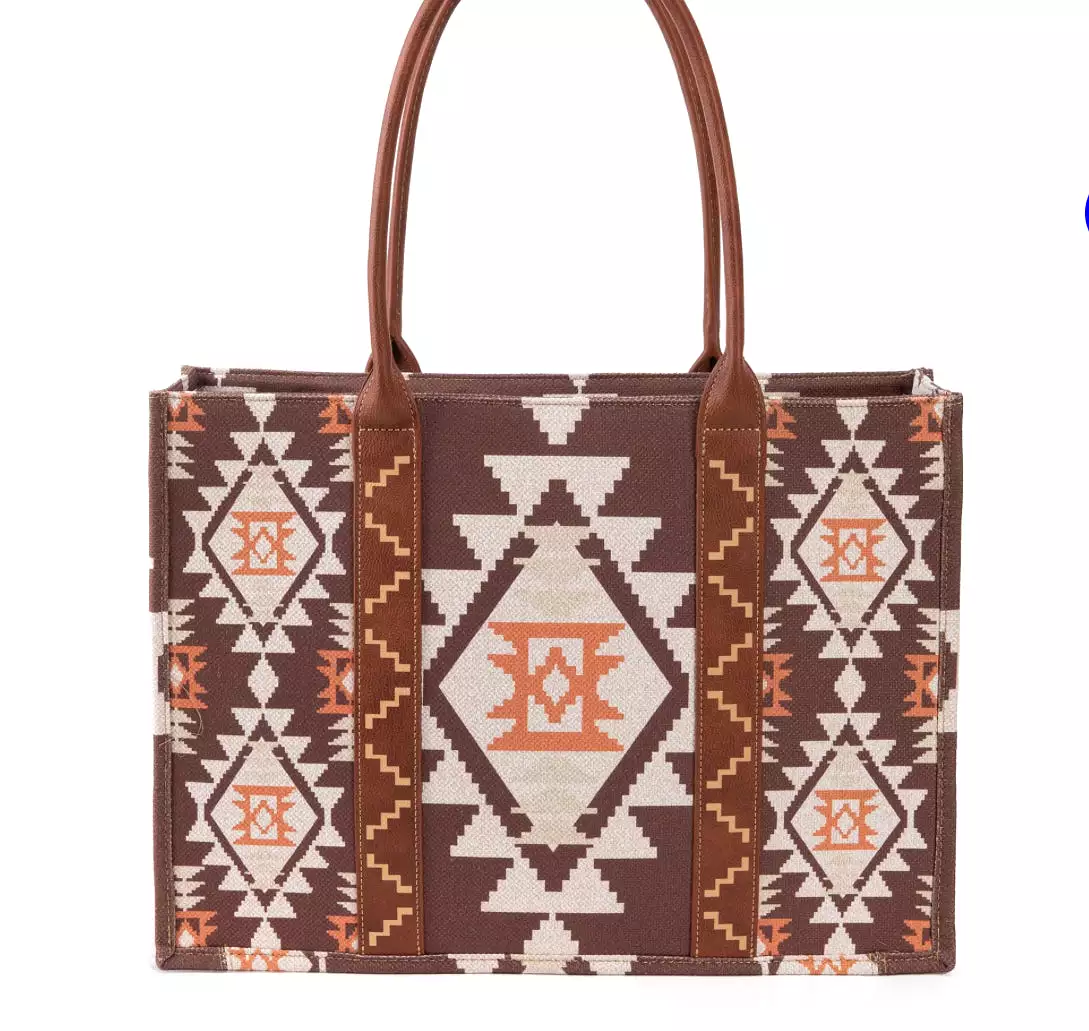 Wrangler Southwestern Pattern Dual Sided Print Canvas Wide Tote Coffee