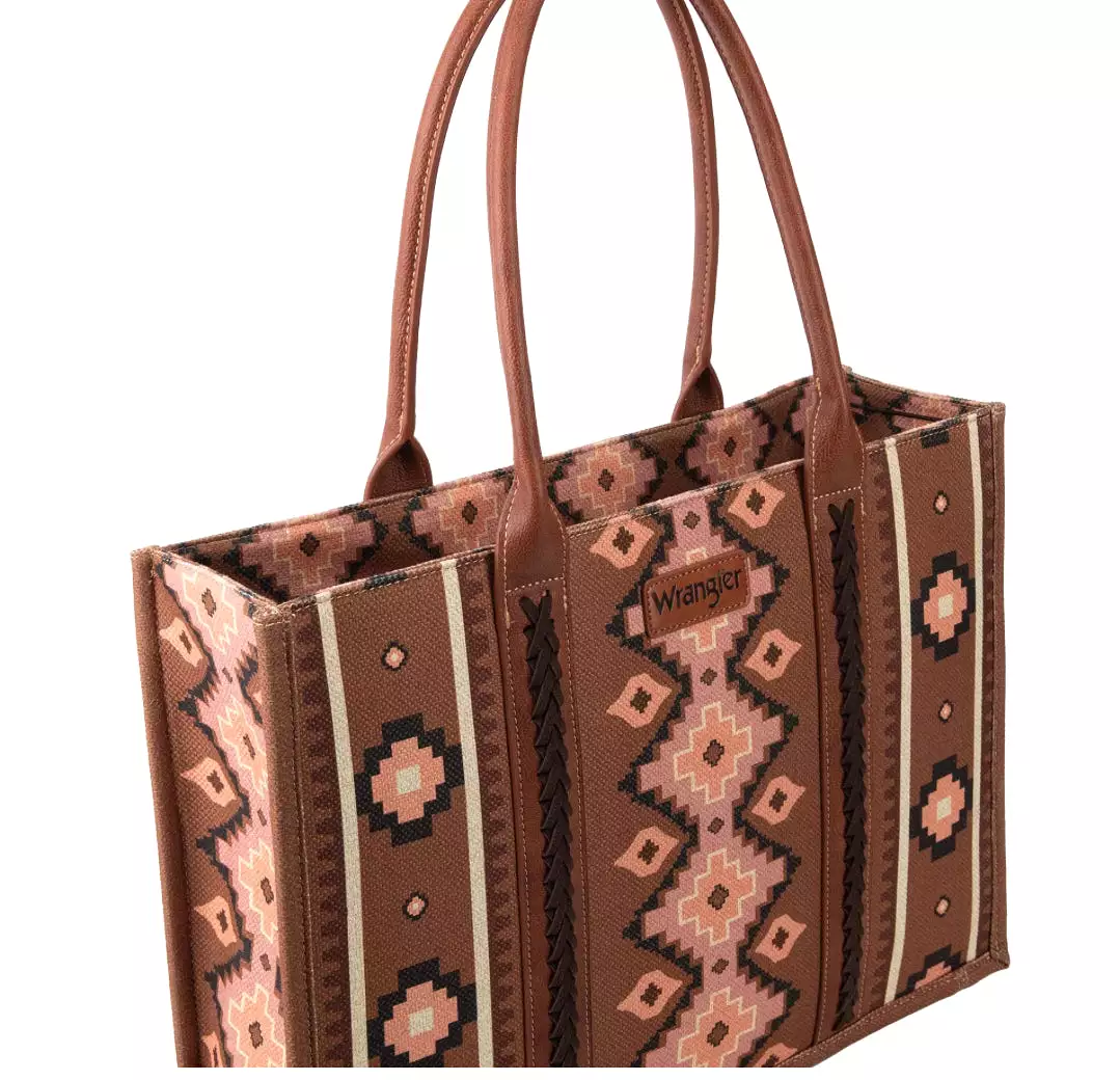 Wrangler Southwestern Pattern Dual Sided Print Canvas Wide Tote Dark Brown