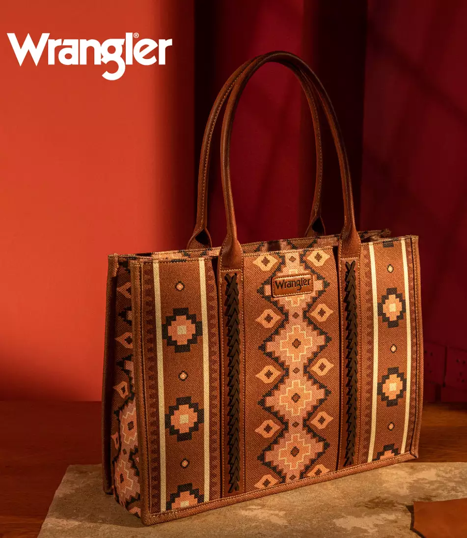 Wrangler Southwestern Pattern Dual Sided Print Canvas Wide Tote Dark Brown