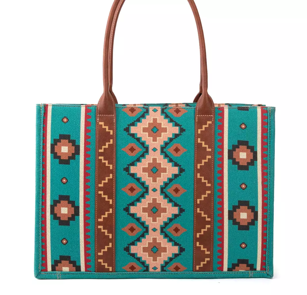 Wrangler Southwestern Pattern Dual Sided Print Canvas Wide Tote Dark Turquoise