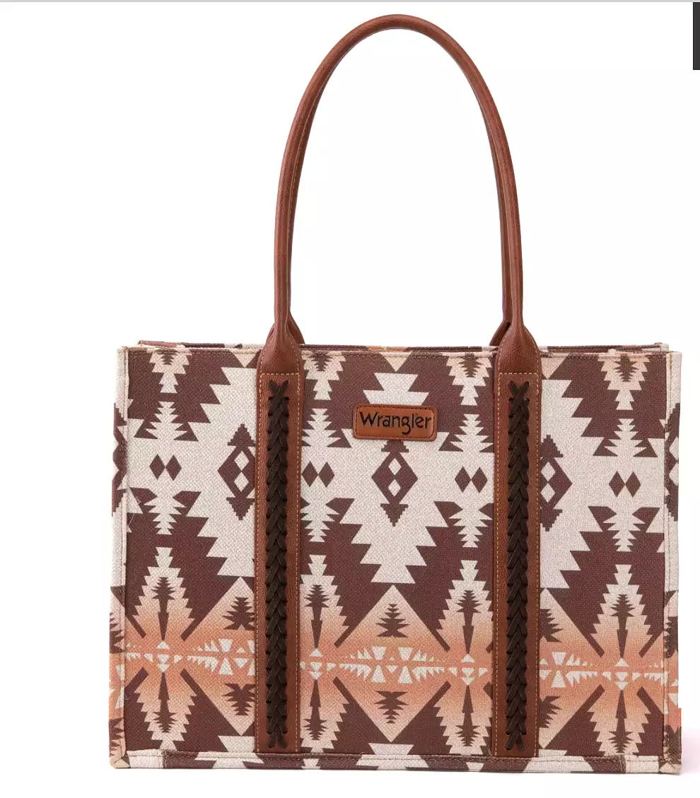 Wrangler Southwestern Pattern Dual Sided Print Canvas Wide Tote Light Coffee