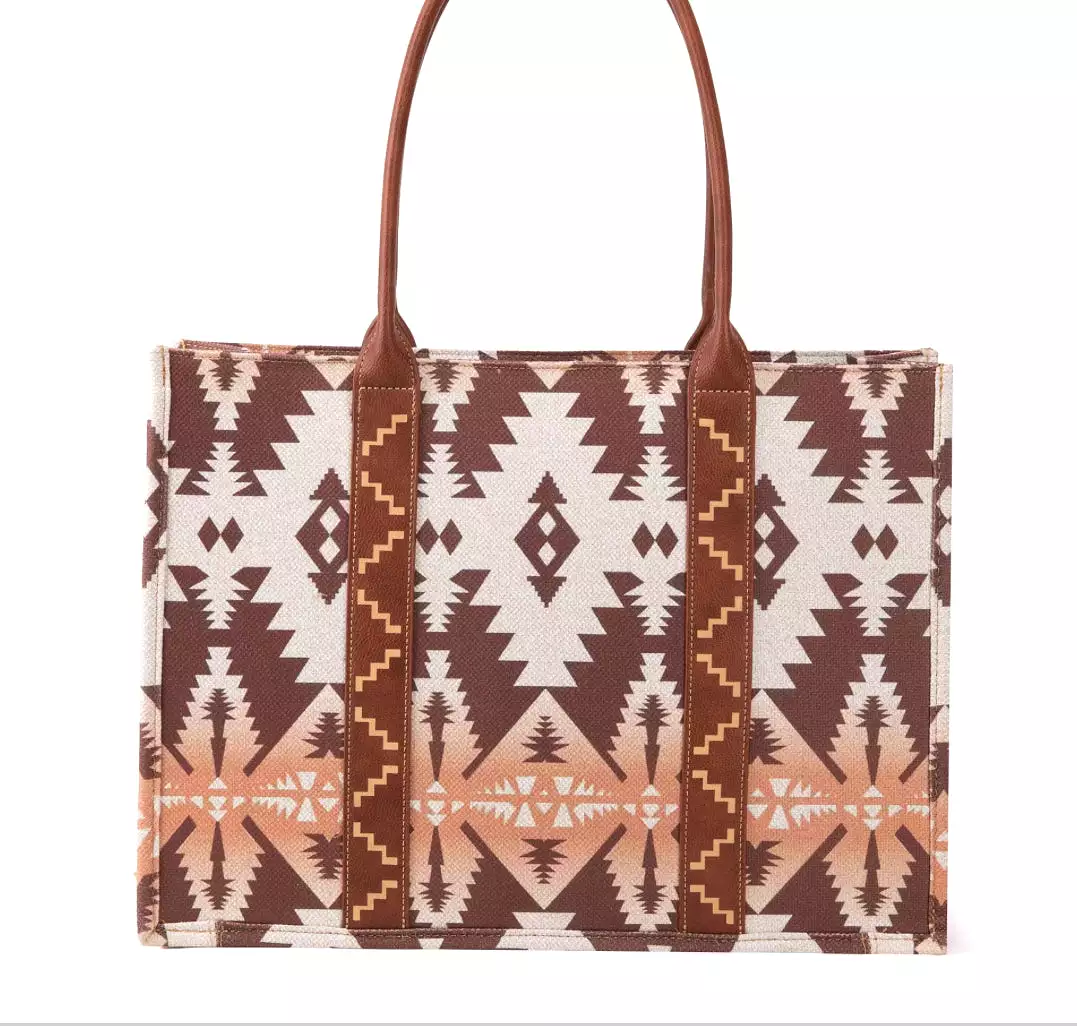 Wrangler Southwestern Pattern Dual Sided Print Canvas Wide Tote Light Coffee