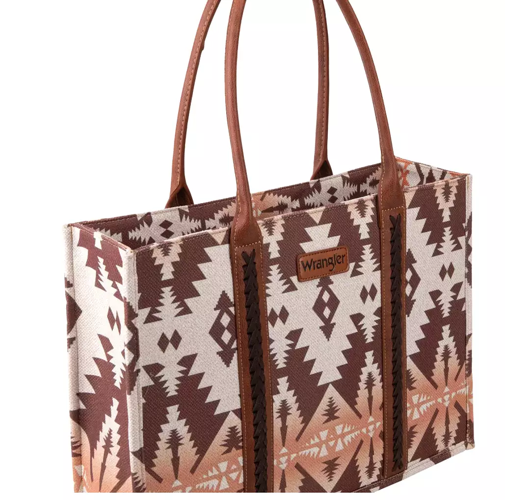 Wrangler Southwestern Pattern Dual Sided Print Canvas Wide Tote Light Coffee