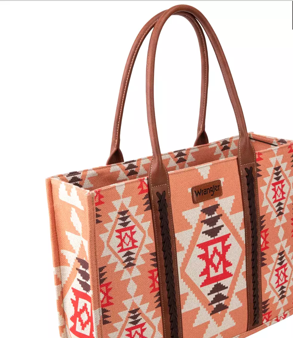 Wrangler Southwestern Pattern Dual Sided Print Canvas Wide Tote Orange